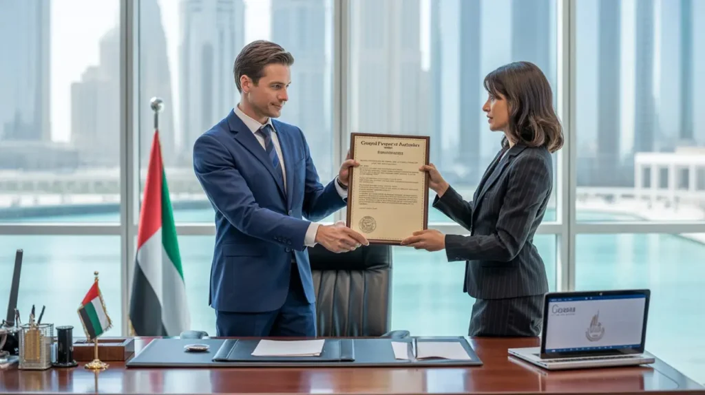 General Power of Attorney notarization service in Dubai with legal consultant assisting client at office