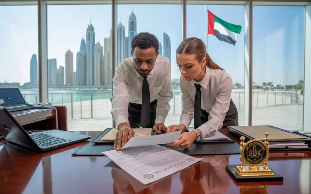 Certified legal translator reviewing official Arabic and English legal documents in a professional Dubai office