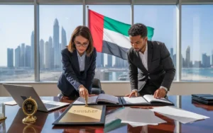 Certified legal translator preparing Arabic legal documents in a professional UAE office for government-approved translation services