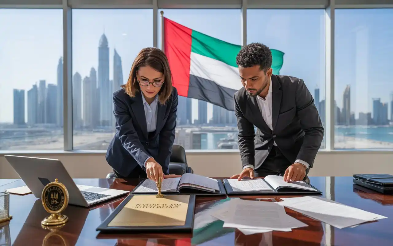Certified legal translator preparing Arabic legal documents in a professional UAE office for government-approved translation services