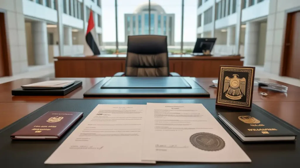 Arabic notarization process in the UAE showing legal documents, official stamp, and notary public desk for expatriate document verification