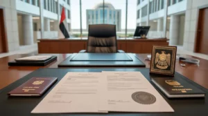 Arabic notarization process in the UAE showing legal documents, official stamp, and notary public desk for expatriate document verification