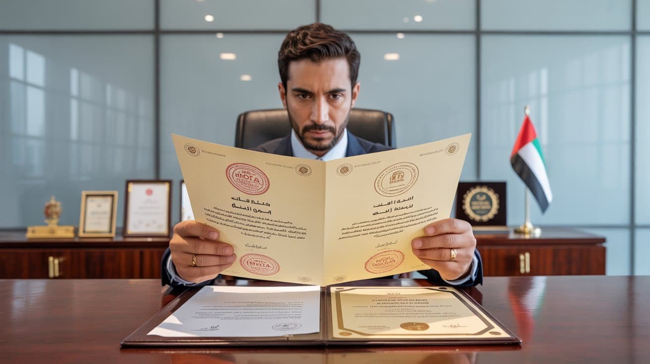 "Document attestation and legal translation process in the UAE with official stamps and certificates"