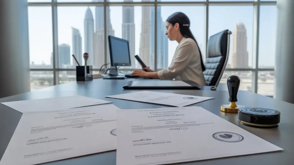 Academic certificate translation and attestation process in Dubai with official stamps and Arabic legal documents