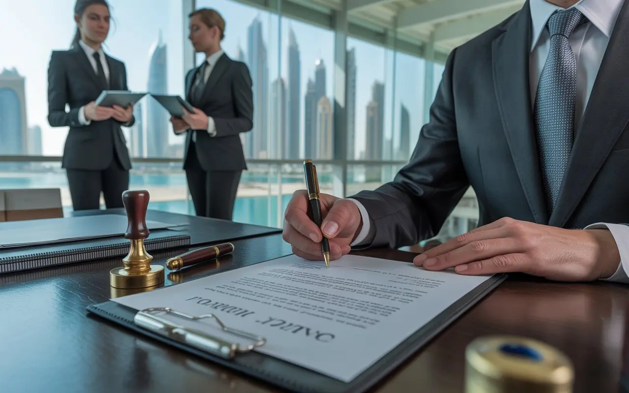 Power of Attorney document signing process in UAE legal office with official paperwork and Dubai business setting