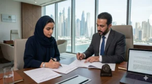 Legal translator reviewing Articles of Association documents for UAE company registration in a modern office.