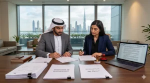 Business consultant drafting Memorandum of Association documents for UAE company registration in a corporate office.