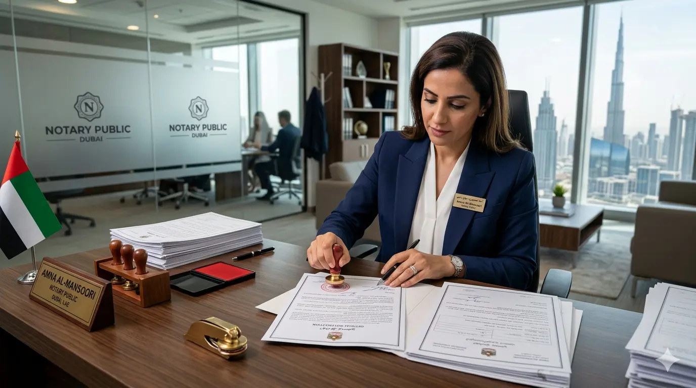 Notary public verifying and stamping legal documents in Dubai UAE office