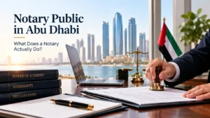 Notary public in Abu Dhabi reviewing legal documents for notarisation.