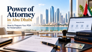 Power of Attorney document prepared for notarisation in Abu Dhabi, with legal papers and a notary stamp.