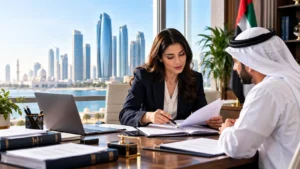 Professional legal translator reviewing official documents at a desk in Abu Dhabi.