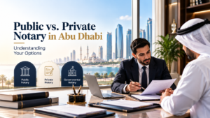 Public and private notary services in Abu Dhabi with a legal professional reviewing documents with a client